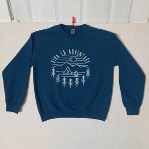 Viva La Adventure Deep Teal Blue Gildan Heavy Blend Sweatshirt Camping Graphic